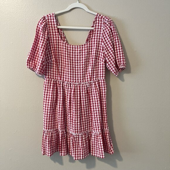 Loft Gingham Dress Buffalo Plaid Puff Sleeve Peasant Boho Red 6 Country Cowgirl - Picture 1 of 8